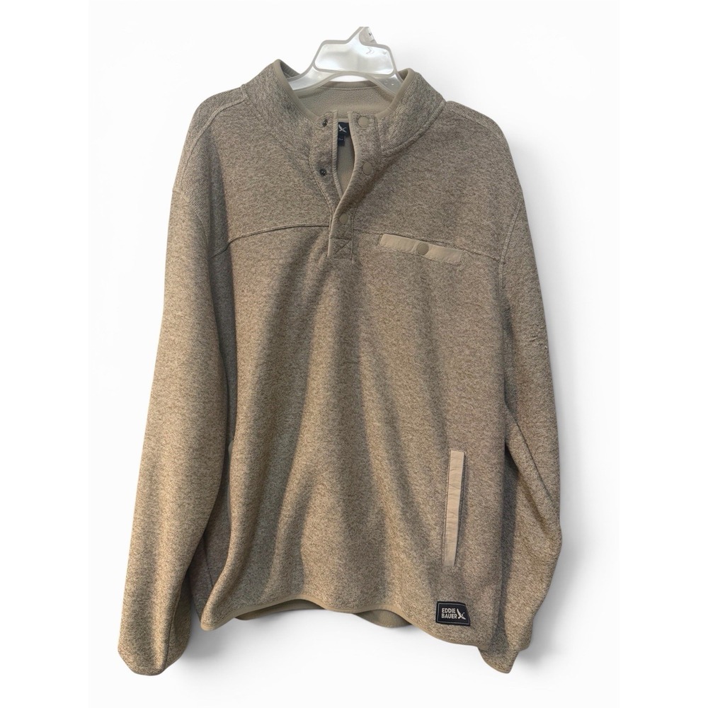 Eddie Bauer XL Fleece Snap Pullover Mock Neck Beige Heather Cozy Outdoor